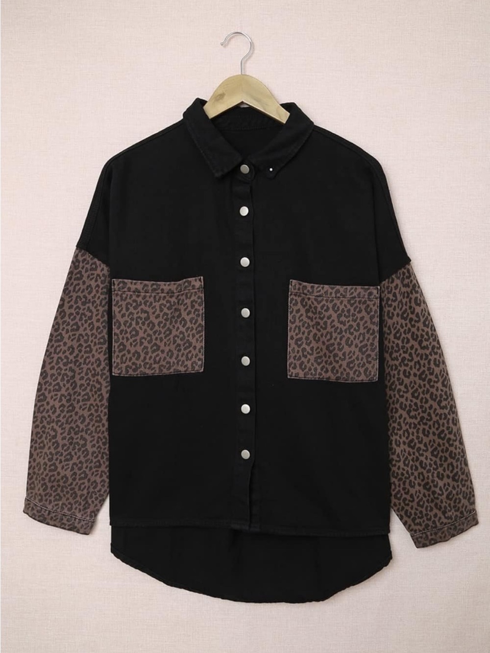 Black & Leopard Print Shacket Jacket - Oversized Size Large - 100% Cotton